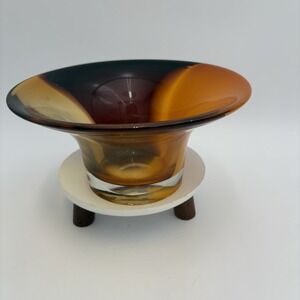 Vintage 1970s Teleflora Tri-color Orange Amber Purple Handblown Glass Bowl Vase